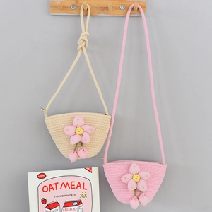 Mini Cotton Woven Bucket Bag For Girls Cute Smile Flower Handwoven Crossbody Bag Summer Beach Vacation Shoulder Purse