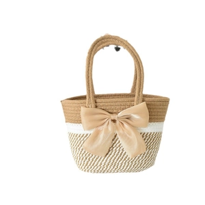 Striped cotton woven handbag with champagne silk bow for summer beach vacation
