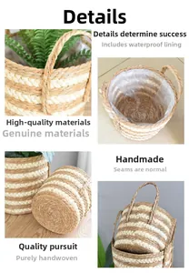 Detail view of woven straw flower basket featuring waterproof liner and dual handles