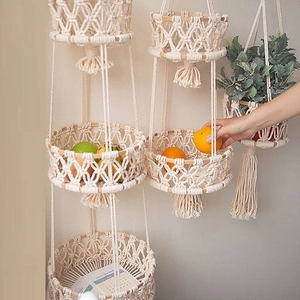 Bohemian 3-tier handmade cotton rope hanging basket for fruit and indoor plant storage