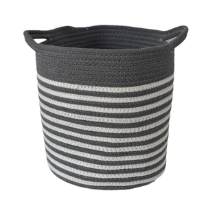 Japanese style woven cotton rope storage basket with grey and white stripes and handles