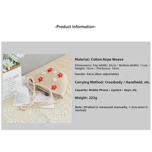Detailed size specifications for beige woven floral bag with dimensions and capacity details
