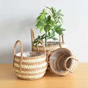 Nordic Hand Woven Seagrass Flower Pot Cover Storage Basket With Waterproof Lining Indoor Garden Planter Plant Basket Home Decor