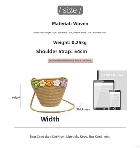 Detailed size specifications of the hand-woven crossbody bag with colorful crochet flowers
