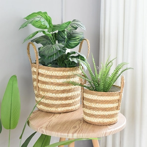Nordic Hand Woven Straw Flower Basket With Waterproof Lining Pastoral Style Striped Decorative Planter For Home Decor