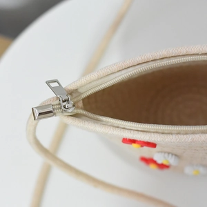 Detailed close-up of woven straw bag with metallic zipper and white daisy applique decoration