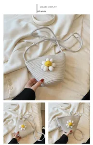 Detailed views of creamy white straw crossbody bag with 3D daisy flower and rope strap