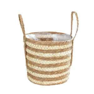Nordic handmade woven straw plant basket with handles and waterproof lining