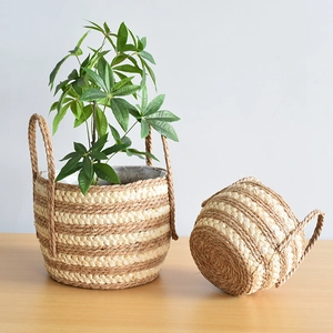Nordic oversized hand-woven seagrass planter basket with stripes for indoor plants