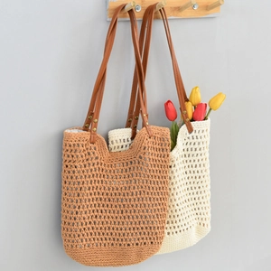 Handwoven summer beach tote bag in caramel and cream white with long leather straps