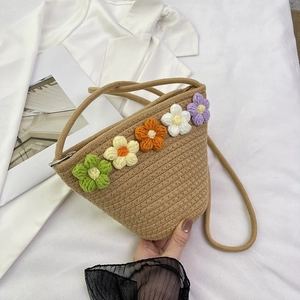 Handmade Cotton Rope Woven Crossbody Bag For Women Floral Crochet Bucket Bag Bohemian Summer Beach Holiday Shoulder Bag