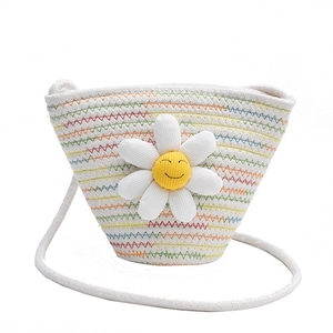 Straw flower shoulder bag for women with colorful rainbow waves and a smiling sunflower