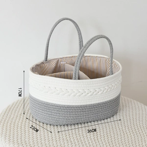 Top view of woven cotton baby basket with dividers and 36cm x 23cm x 17cm dimensions