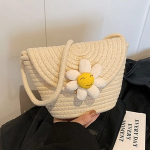 Summer straw woven shoulder bag with cute sunflower daisy doll for beach travel