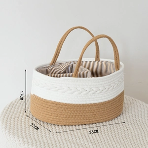 Macro view of woven cotton rope storage basket with size dimensions 36cm x 23cm x 17cm