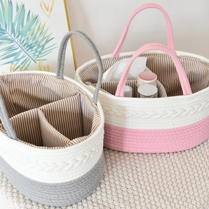 Handwoven cotton rope baby storage basket set with partitioned liners and sturdy handles