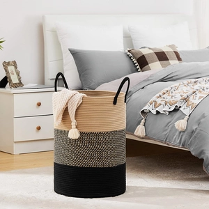 Three-color cotton rope laundry basket with sturdy handles for home toy storage