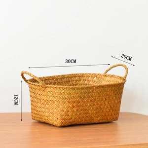 Detailed view of handmade woven basket with dimensions 30cm x 20cm x 12cm and dual handles