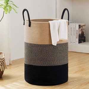 Nordic Cotton Rope Woven Laundry Basket Large Capacity Three Tone Color Block Toy Storage Bin With Handles Home Organizer