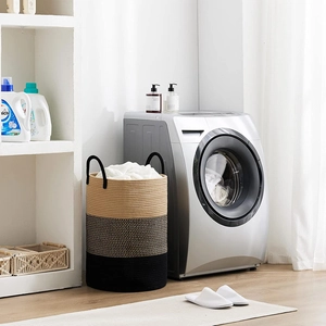Three-tone cotton rope laundry basket with handles for organizing toys and clothes