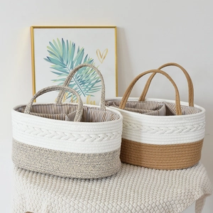 Cotton Rope Woven Baby Diaper Storage Basket Portable Nursery Caddy Organizer With Removable Dividers Braid Detail Home Storage Bag