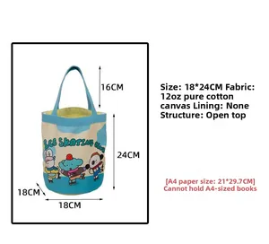 Detail of 12oz cotton canvas bucket bag featuring cute ice skating club doodle patterns