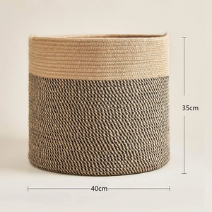 Detail view of woven storage basket with dual-tone cotton rope and size markers