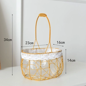 Detailed size specifications of the golden metal flower basket with white lace edging