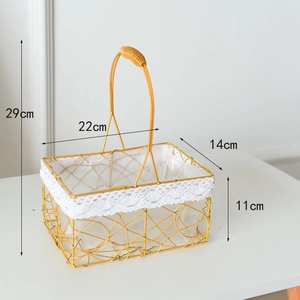 Golden iron floral basket with white lace trim and dimensions 29cm total height