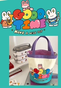 Detail of canvas bucket bag with cute cartoons and rainbow Good Time text print