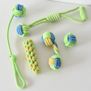 Detailed macro view of 5-piece durable cotton rope chew toy set for dogs in blue and green
