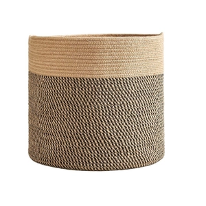 Modern cylindrical woven cotton rope laundry basket with two-tone splicing design