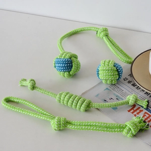 Three-piece durable cotton rope dog chew toy set in green, blue and white colors