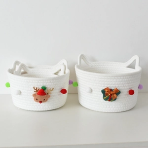Christmas woven cotton rope storage baskets with cat ear handles and festive embroidery
