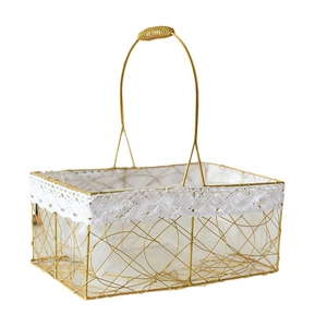 Golden metal wire flower basket with white lace trim and mesh liner for gifts
