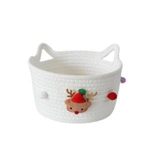 Christmas woven cotton rope storage basket with cute animal face and pompom accents
