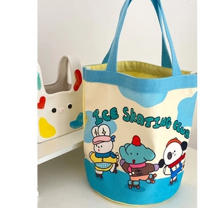 Cute canvas bucket bag with cartoon animal illustrations and ice skating club print