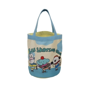 Cute canvas bucket bag with cartoon animals ice skating illustration and blue handles