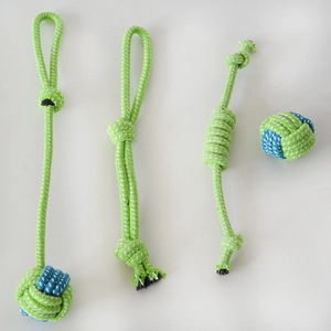Detailed set of blue and green braided cotton rope toys for dog chewing and teeth cleaning