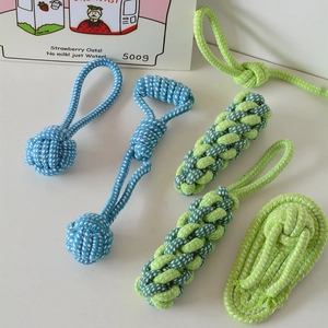 Close-up of five durable blue and green braided cotton rope dog chew toys for teeth cleaning