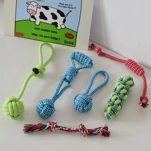 Durable cotton rope dog toy set with braided balls and chew knots for aggressive chewers