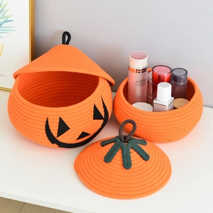 Halloween pumpkin cotton rope storage basket set with smiling face and green handle lid