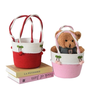 Cute cherry woven mini tote bags set with plush bears and creative cotton rope handles