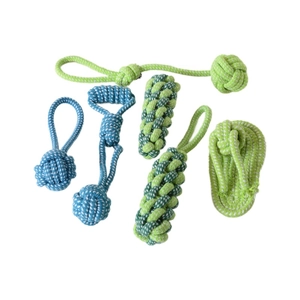 6-piece durable cotton rope dog toy set in blue and green for aggressive chewers