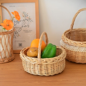Pastoral Handmade Woven Willow Basket With Lace For Fruit Picnic Flower Snack Storage Natural Rustic Home Decor Storage Basket