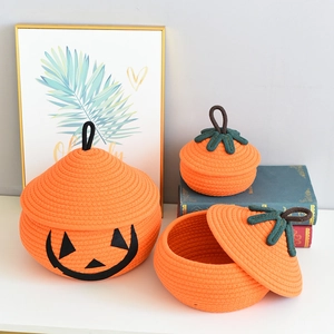 Three-piece orange cotton rope pumpkin storage baskets for desk decor and organization