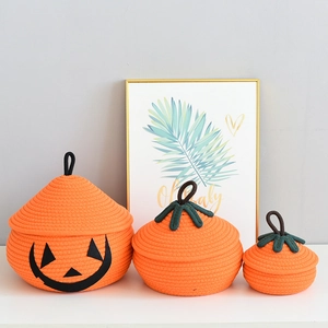 Halloween Pumpkin Cotton Rope Woven Storage Basket Orange Pumpkin Face Desktop Organizer For Snacks Toys Home Decor