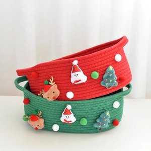 Christmas Cotton Rope Woven Storage Basket Cartoon Snowman Reindeer Christmas Tree Gift Bag With Handle Holiday Home Decor Organizer