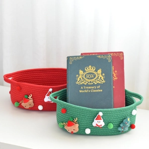 Festive Christmas cotton rope storage basket with cute plush toys and handles