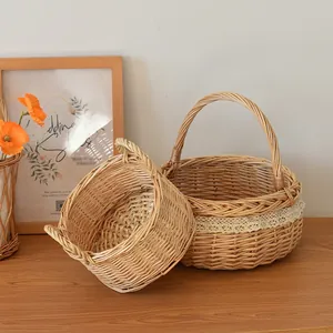Close-up of wicker baskets with delicate lace trim and sturdy handles for storage